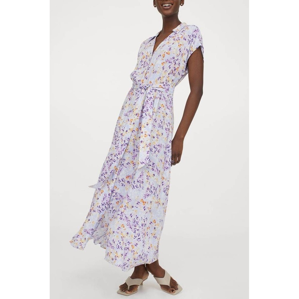 H&M Floral Maxi Dress Womens XS Light Blue Purple Viscose Cap Sleeve Belted